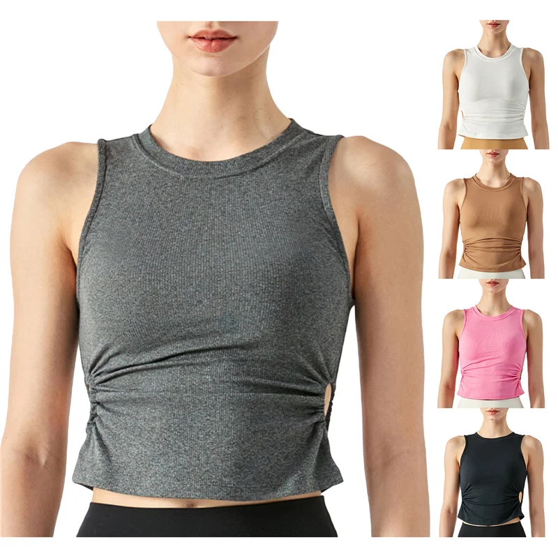 

Women's Fitness Vest Crew Neck Sleeveless Side Waist Cut-out Ruched Solid Color Yoga Sports Tank Tops