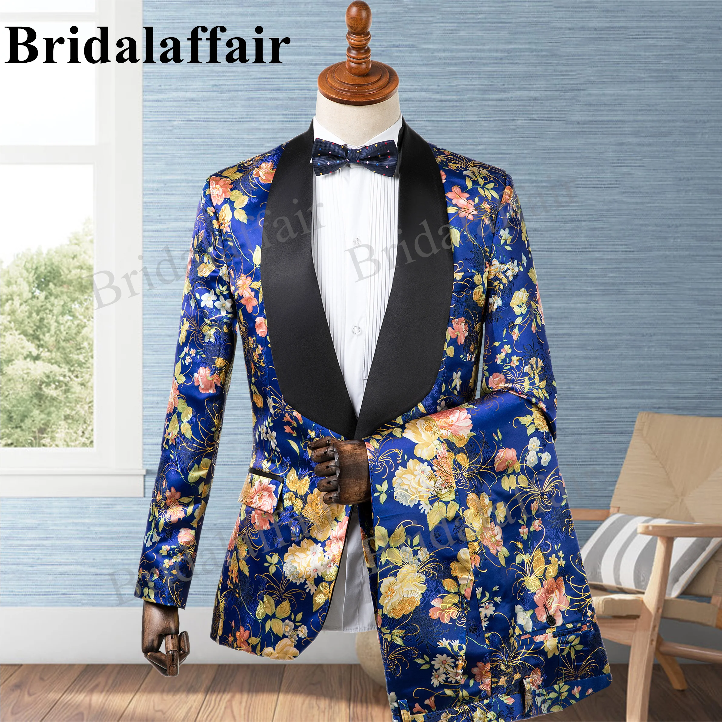 Bridalaffair Mens Pink Suits Wedding Suits Tuxedo for Men 2pcs Blazer Coat Pant Set Slim Fit Printed Shawl Lapel Costume Homme