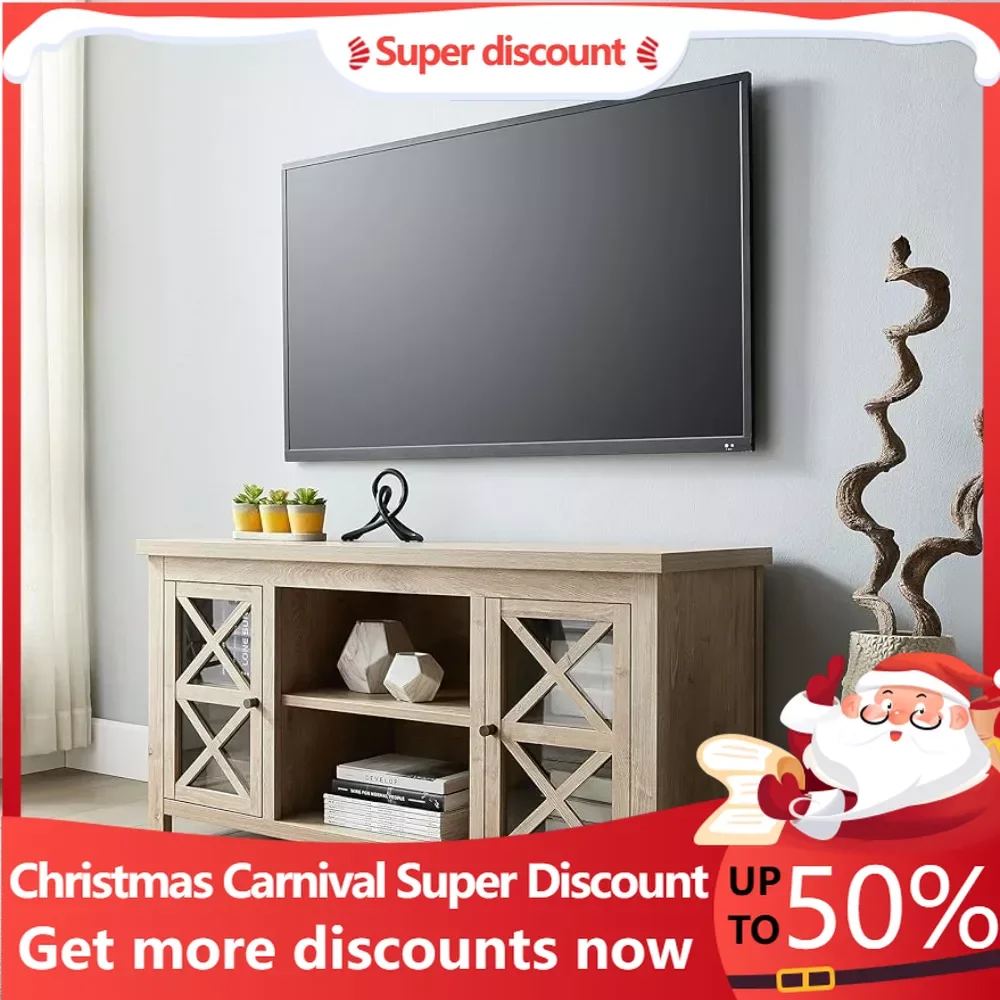 

Living room rectangular TV cabinet, suitable for 55 inch TVs, made of white oak and decorated with black metal decoration