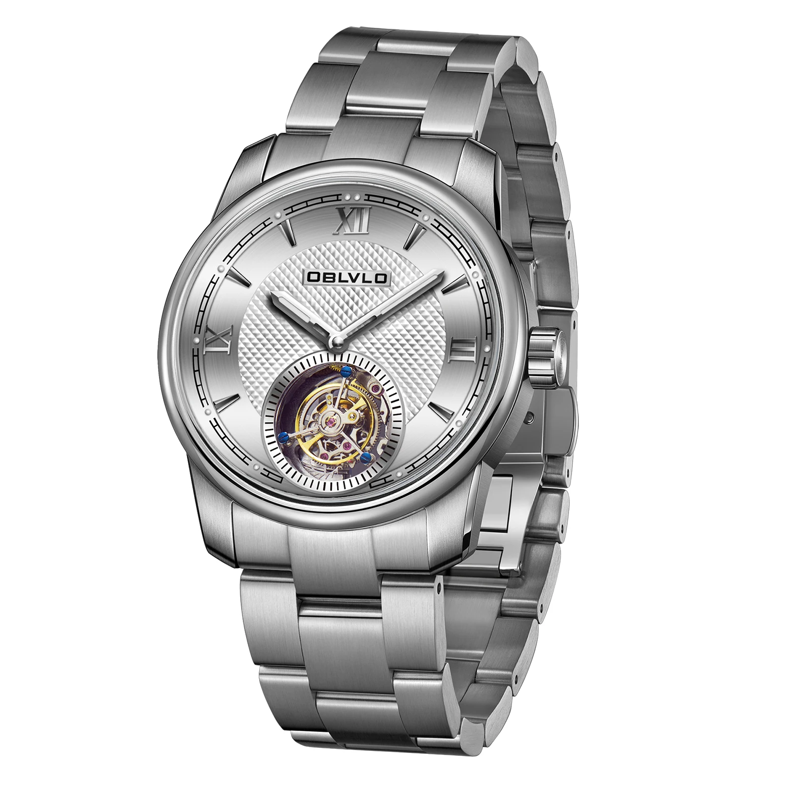 Oblvo-男性用自動巻き時計,ステンレススチール,透明なケースバック