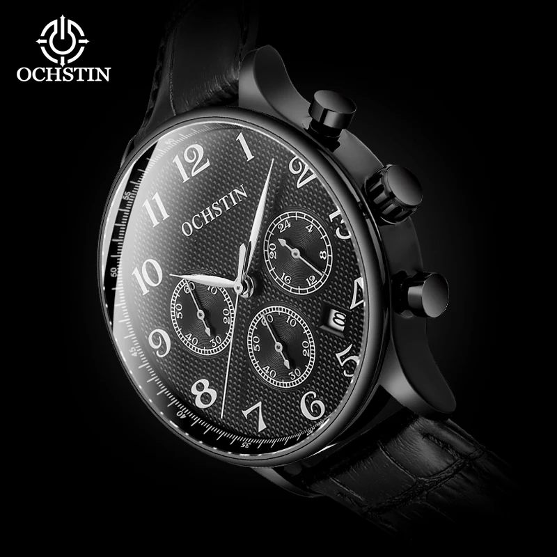 OCHSTIN Chronograph Watch Men Analog Quartz Sports Male Clock Luxury Design Mater Collection Stop Watch Auto Date Leather Strap