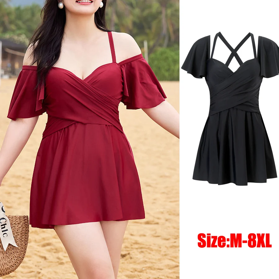 

2023 New Plus Size 8XL Swimwear Ladies Female Korean Hot Spring Swimsuit One-piece Seaside Vacation Swim Dress Slim Fairy
