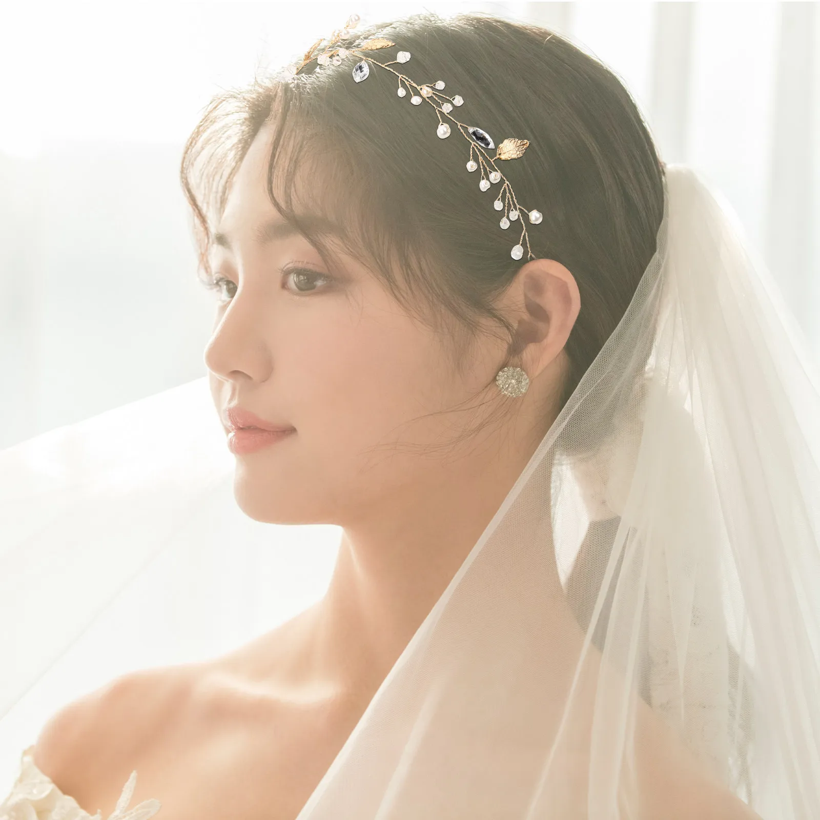 웨딩 신부 리프 헤어밴드, 라인스톤 진주 신부 헤어 액세서리, 파티, 프롬, 연회, 웨딩용 신부 헤어밴드