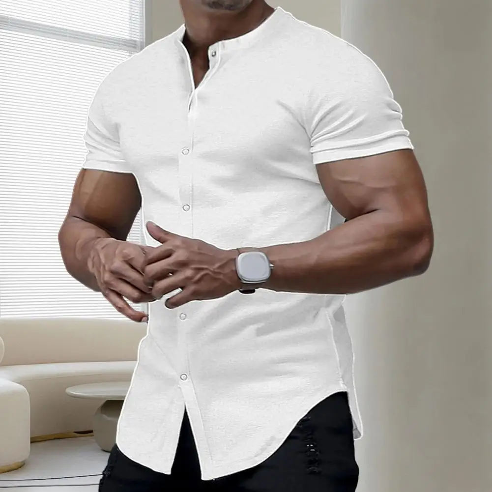 

Solid Color Short Sleeve Shirt Short Sleeve Shirt Breathable Stand Collar Men's Summer Shirt Slim Fit for Comfort