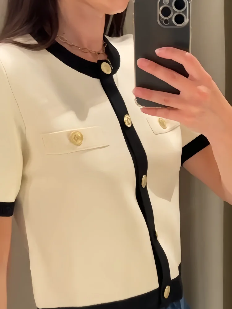 Spring New Women's Fashion and Elegance Slim Fit Versatile Knitted Spliced Short sleeved Coat