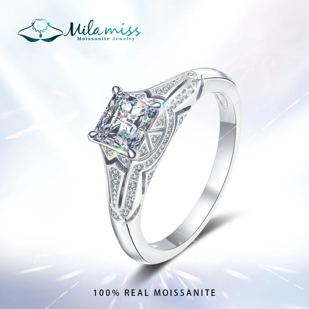 

MILAMISS 2CT Princess Cut Moissanite Engagement Ring Diamond Solitaire Ring with Accents for Women Silver Banquet Party Jewelry