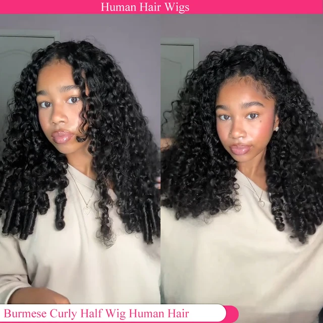 Demi-perruque bouclée birmane 3 en 1, cheveux naturels, sans colle, prête à porter, demi-perruque avec cordon de serrage, demi-perruque 1