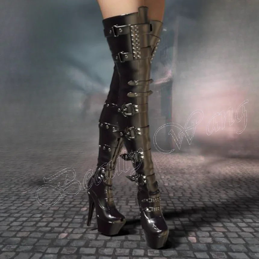 Black Multi Buckle Decor Boots Platform Thigh High Belt High Thin High Heels Women Shoes 2023 Big Size Zapatos Para Mujere