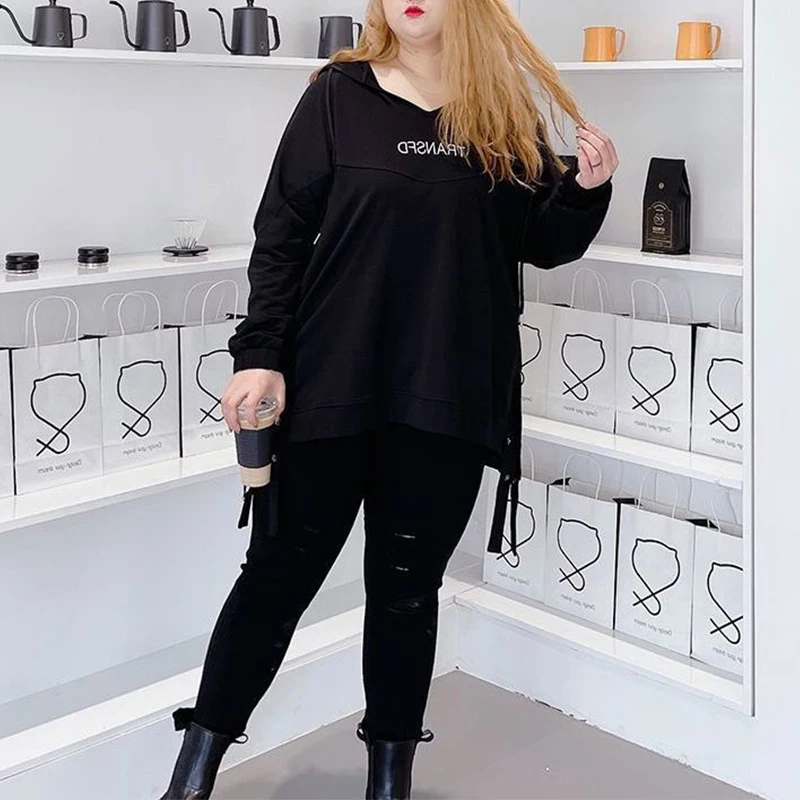 2022 Spring Autumn New Fashion Trend Plus Size Solid Hooded Female Casual Sports Style Y2k Simple Sweatshirt Oversized Top Women