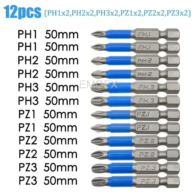 12PCs No-slip PZ1/PZ2/PZ3 Screwdriver Bit Sets for Drill Magnet S2 Alloy Steel Screwdriver Electric Impact 50/25mm PH1/PH2/PH3