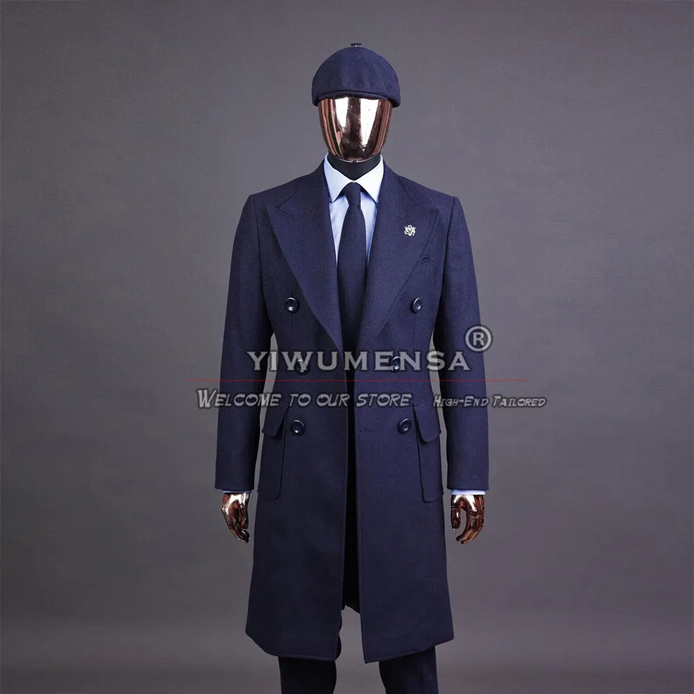 

Autumn/Winter Suit Jackets Navy Tweed Blend Trench Coat For Men Slim Fit Double Breasted Overcoat Groom Tuxedo Outwear Blazer