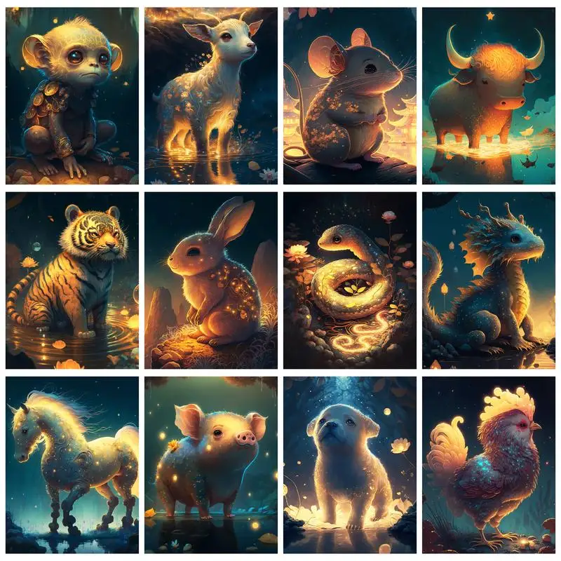 

CHENISTORY Oil Painting By Numbers Paint Kit Picture Coloring 12 Zodiacal Animals Canvas Painting For Adults Kids Gift Handmade