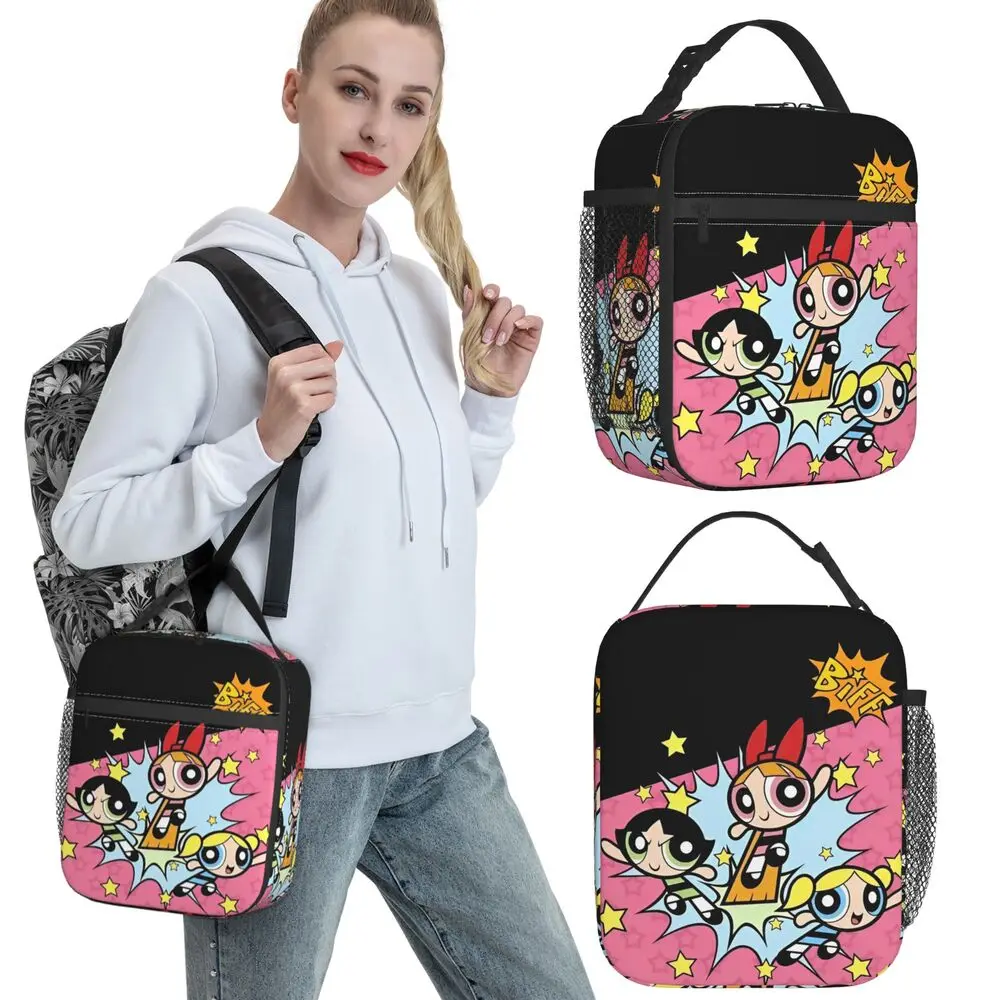 P-PowerPuffs Lunchtasche, niedliche Reise-Lunchbox für Kinder, modischer Druck, Thermo-Lunch-Taschen, Oxford, tragbar, isolierte Kühltasche – Detail 3