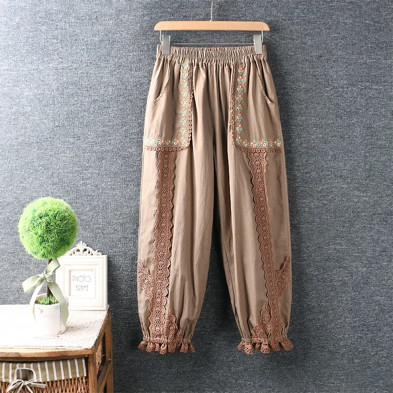 

New Spring Mori Girl Literature Lace Floral Embroidery Loose Harem Pants Women Retro Elastic Waist Cotton Linen Vintage Trousers