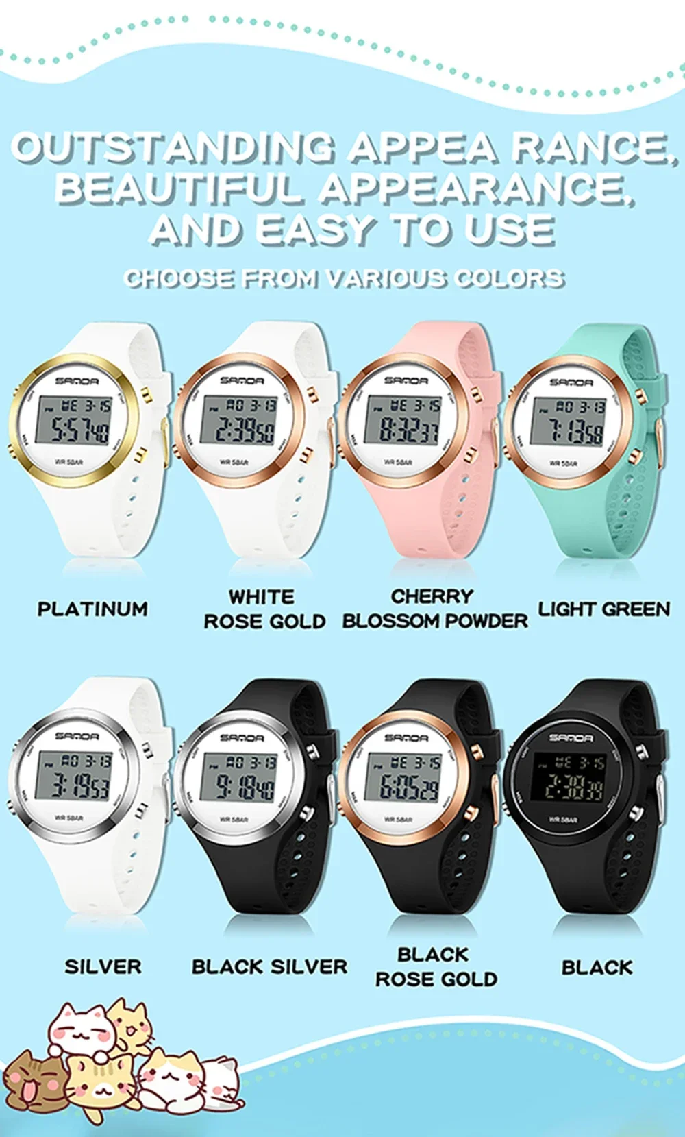 SANDA 2147 Montre numérique élégante et étanche pour femmes, chronographe LED, montre-bracelet de sport pour femmes, cadeau pour garçons et filles_voghion.com