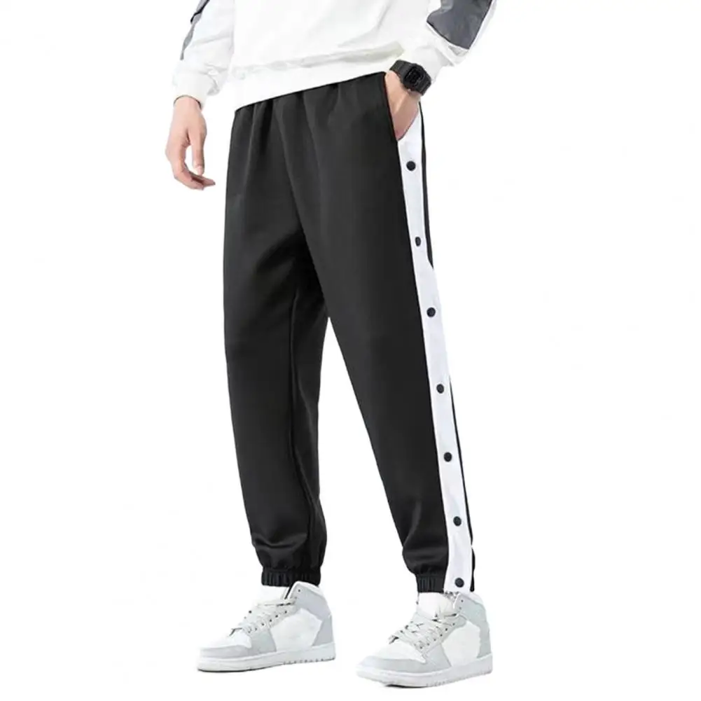 Solid Color Men Casual Pants Men's Loose Fit Sport Pants with Side Button Closure Elastic Waist for Gym Training Jogging for Men 2