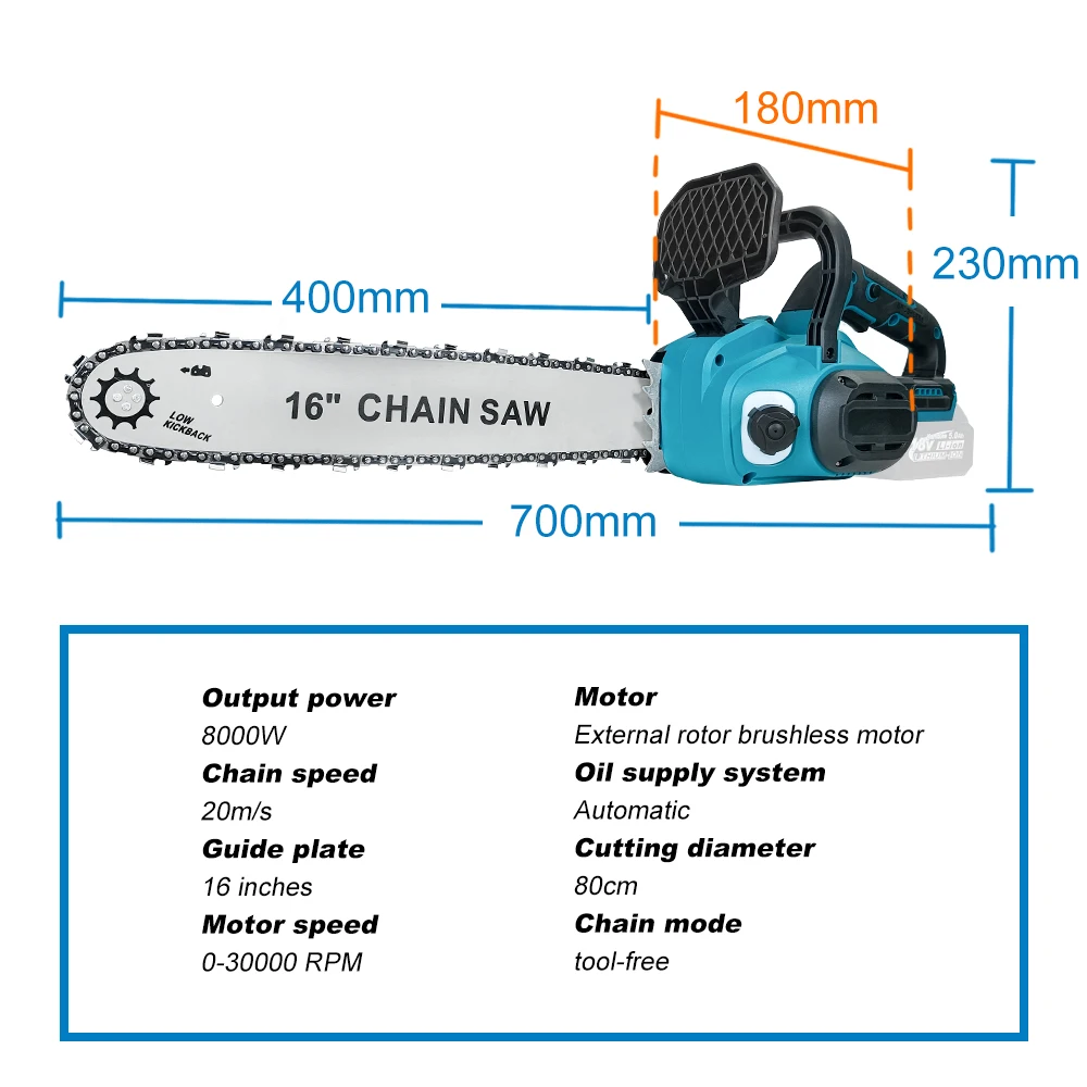 Kamolee 16Inch 8000w Brushless Electric Chainsaw Automatic Oiling Woodworking Power Tool For Makita 18v Battery