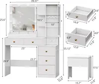 Vanity Desk with Mirror and Lights, White Makeup Vanity with 5 Drawers Hidden Jewelry Organizer& LED Glass Cabinet 2
