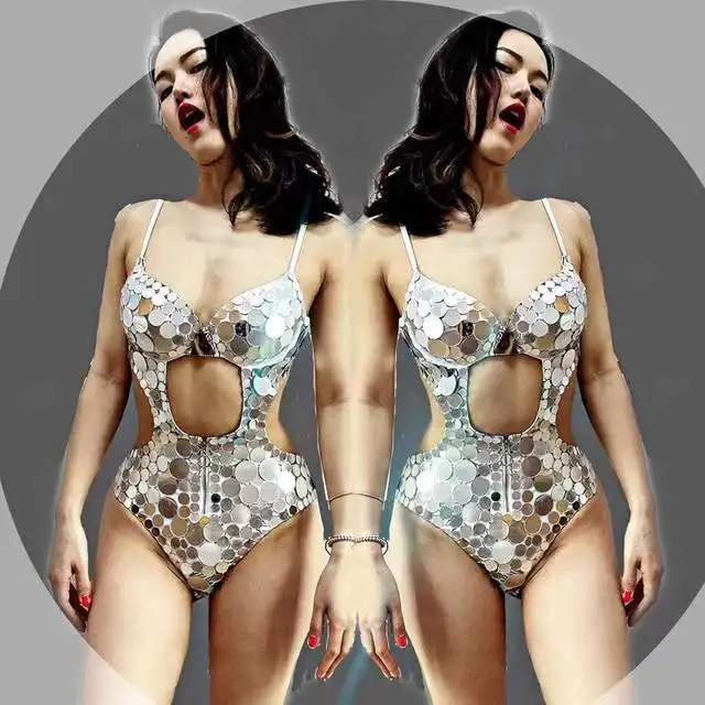 

Jazz Pole Dance Clothing Stage Wear Club Singer Costume Mirror Bodysuit Sexy Hollow Leotard Nightclub Gogo Dance Costume