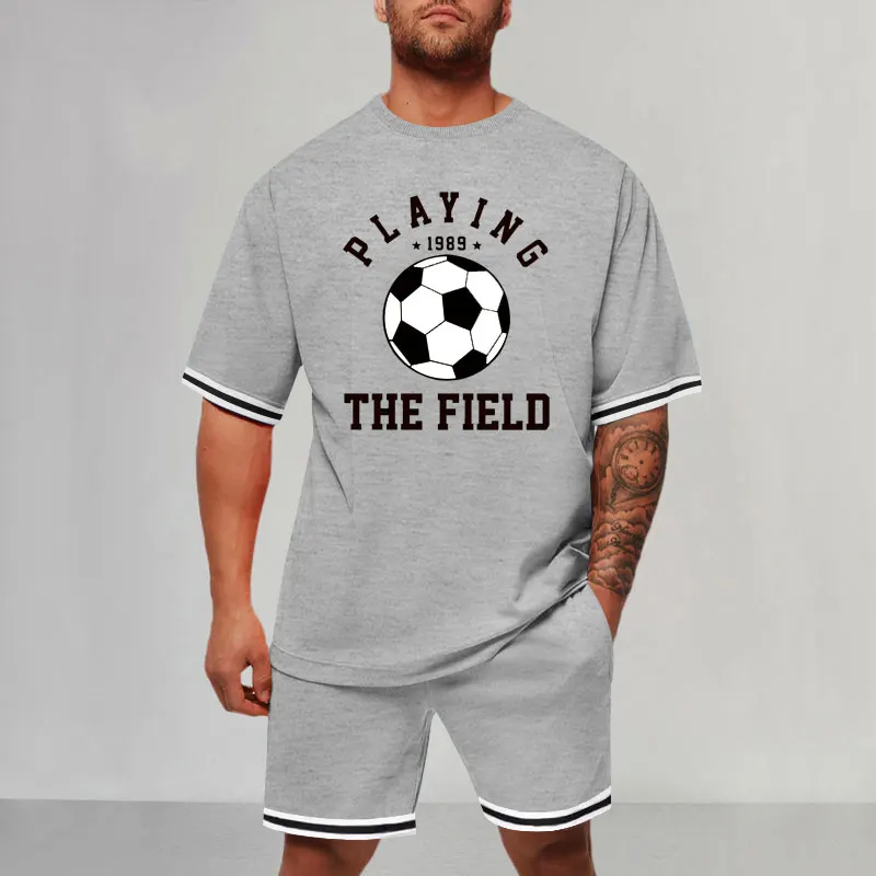 2024 New Men's Set Summer Casual Sports Suit Football Logo Printed Round Neck Short-sleeved T-shirt + Shorts Two-piece Set