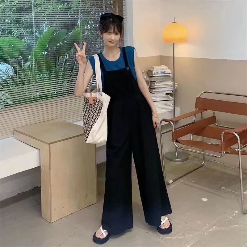 Women's French Haute Couture Straight Leg Slimming Wide Leg Jumpsuit with Shoulder Straps