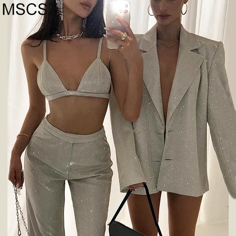 

Блестящий комплект из двух предметов, женский топ и брюки, Осень-зима, 2 предмета, вечерняя модель, праздничный наряд, элегантные женские брюки