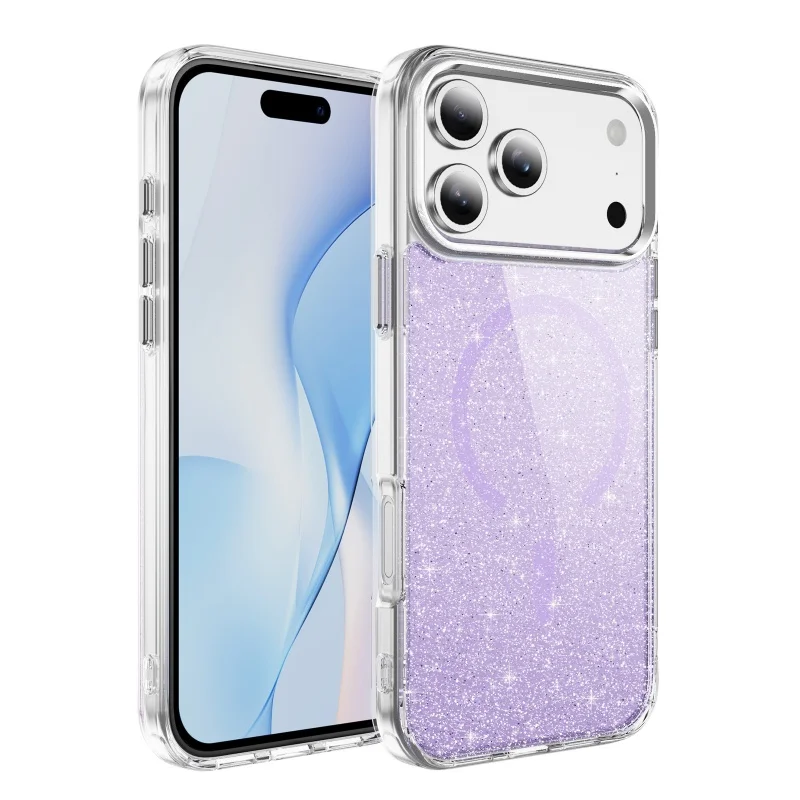 Glitter Clear MagSafe Magnetic Phone Case with Alloy Buttons and Anti-Fall Protection