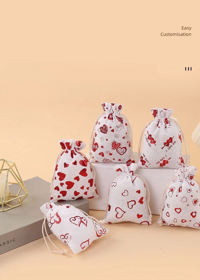 50 Pcs/lot Newest 10*14, 13*18cm Red Heart Cotton Drawstring Bags Valentine's Day Candy Gift Wrapping Bag