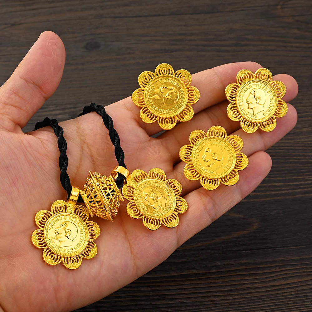 Роскошные комплекты ювелирных украшений в эфиопском стиле, позолоченные серьги, кольцо, Подвеска для женщин, эритрейский Африканский Свадебный комплект невесты