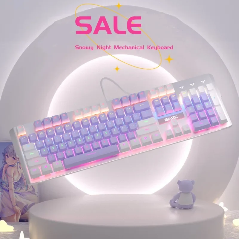 

Новая розовая игровая Механическая Проводная клавиатура для девочек, USB-интерфейс с 104 клавишами и белой подсветкой, подходит для геймеров, ПК, ноутбуков, игр