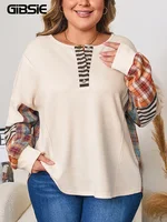 GIBSIE Plus Size Button Front O-Neck Plaid Sweatshirt Women Autumn 2025 New Drop Long Sleeve Loose Casual Pullover Tops