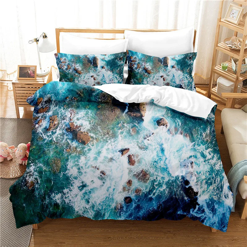 3D Ocean Waves Bedding Set Queen Size Soft Summer Sea Beach Duvet Cover Set Hawaiian Tropical Print Comforter Cover Pillowcases duvet cover queen Bedding Sets