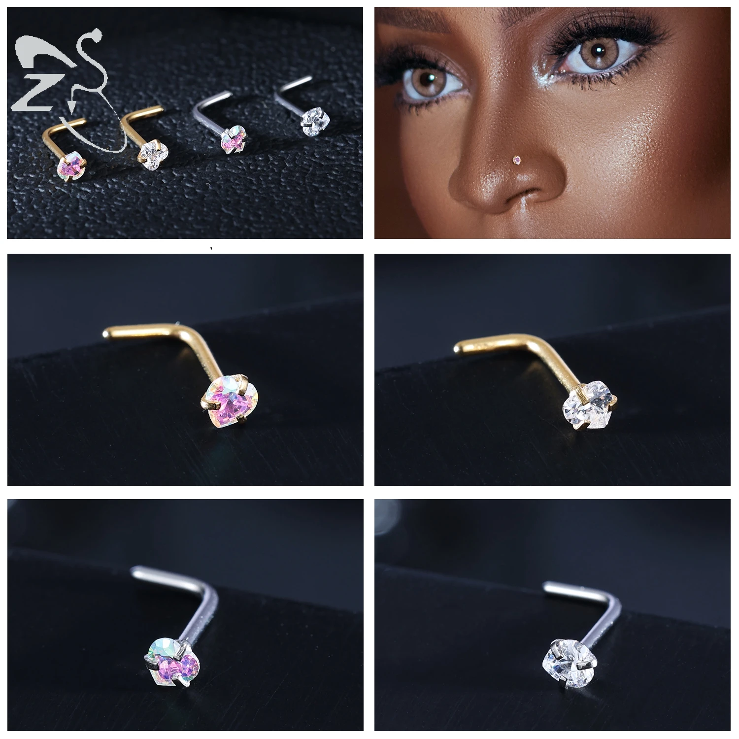 ZS 3-4Pcs/lot Gold Color Stainless Steel Nose Stud Set Heart Star Round Crystal Nose Piercing L Shape Nostril Piercing 18g/20g 5