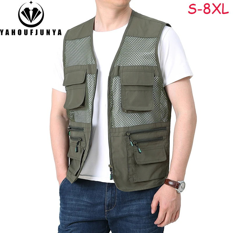 Veste de pêche sans manches homme 8XL avec multiples poches et fermeture éclair, parfaite pour le