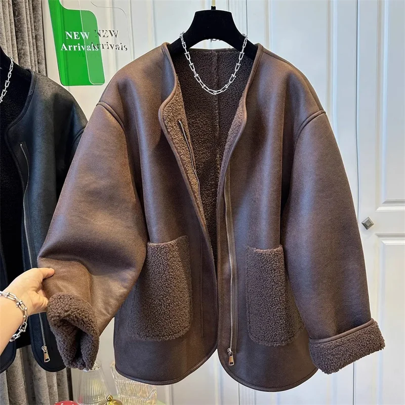 Manteau en cuir à col rond pour femme, veste en cuir grande taille, fermeture éclair, coutures en fourrure, automne, hiver, 2024