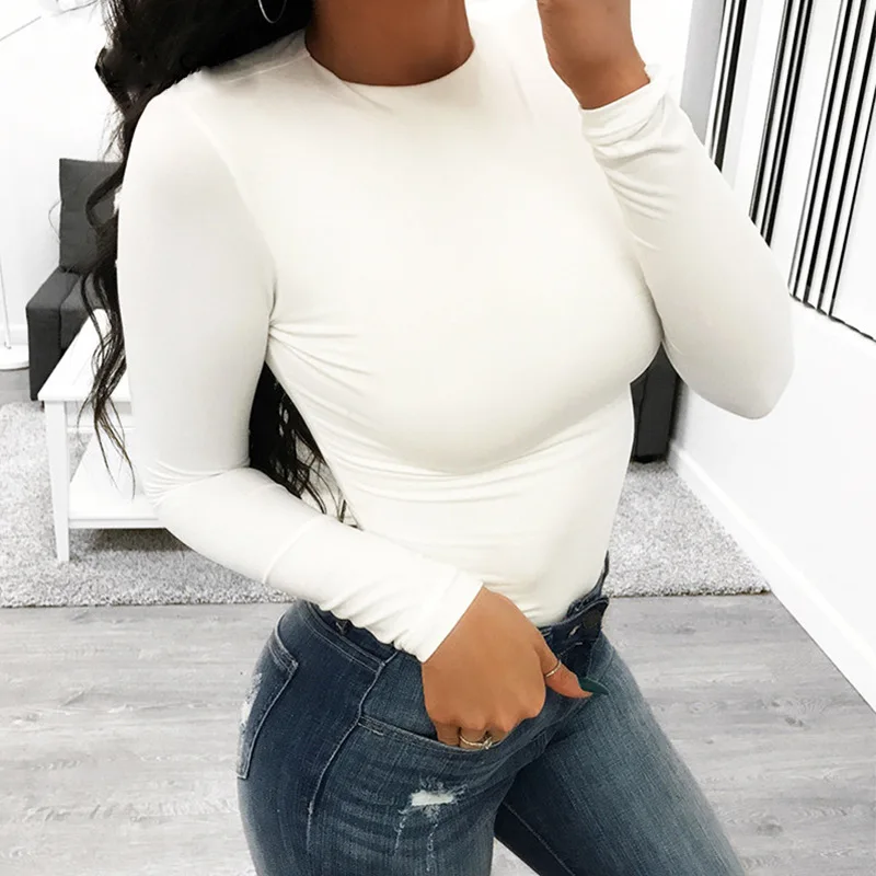 hotSlim Ladies Sexy Bodysuit Solid Fashion Skinny Bodycon Women Bodysuit Long Sleeveles O-Neck Casual Black Beige Female Bodysui