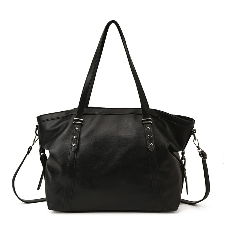 Large capacity women's versatile college style single shoulder soft leather tote bag for casual commuting and crossbody dual-use