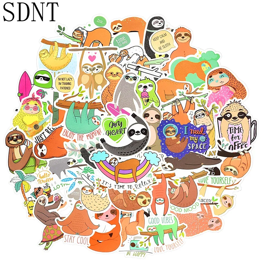 50 PCS Cute Sloth Animal Laptop Stickers Relax Life Funny Text Cartoon Waterproof Stickers for Kids DIY Bike Guitar Fridge Car 10 30 50pcs motivational phrase text doodle stickers diy bike travel luggage phone laptop waterproof funny sticker decals toys