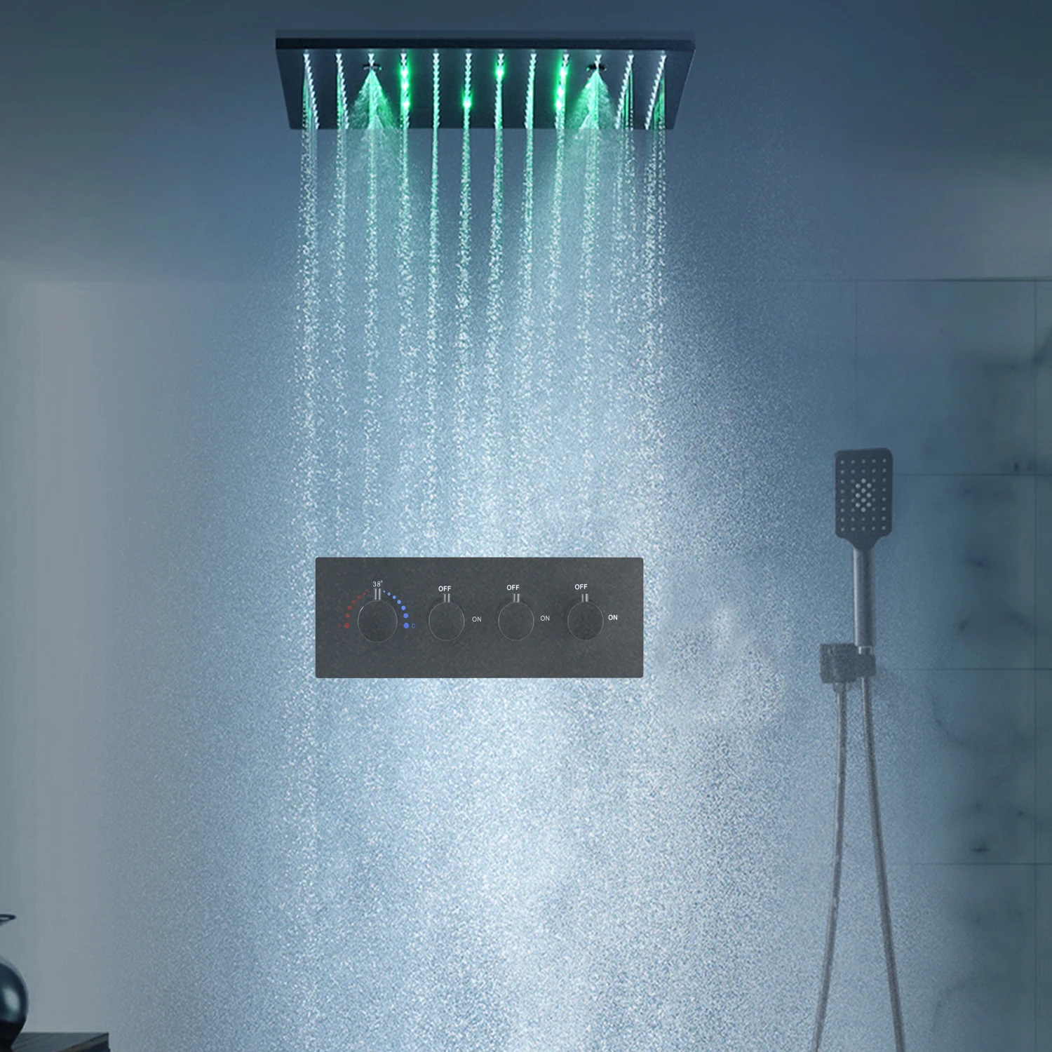 Hotel Modern Black Shower Set LED Ceiling Rainfall Mist Shower Panel Head Thermostatic Diverter Valve 3 Functions Bathroom