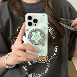 Mint Green Polka Dot Star Magnetic Stand Phone Case - Cute and Stylish Cover - iPhone 15 (Case with Stand)