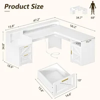 63" Farmhouse L Shaped Executive Desk with Drawers & Storage Shelf, Corner Computer Desk with Power Outlets, L Shaped Office Des 2