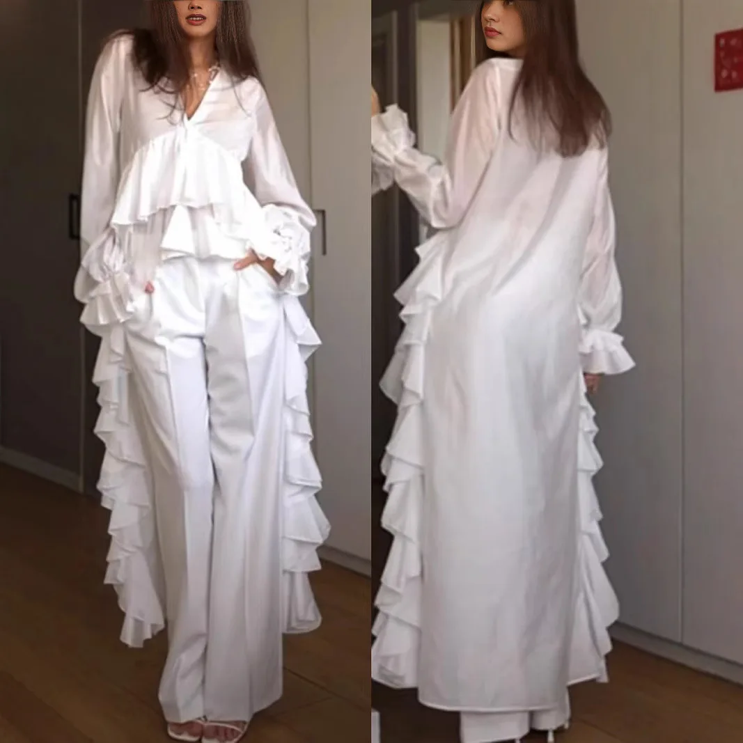 Chemise - Chic - Blanc - Manches longues - Col rond - Volants Blanc - Prêt-à-Porter