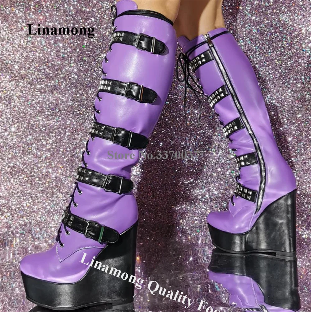 

Linamong Purple Patchwork Black Wedge Heel Knee High Boots Round Toe Straps Rivets Buckles High Platform Wedges Big Size Boots