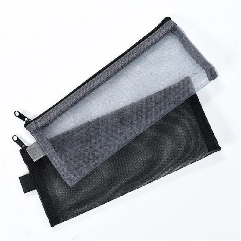 Simples transparente Zipper Pencil Case, Mesh Cosmetic Storage Bag
