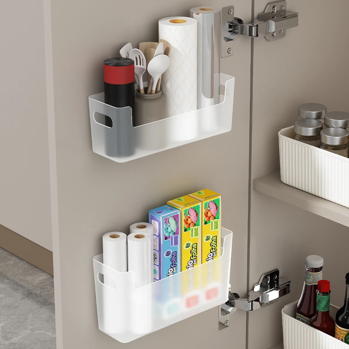 Wall Mounted Punch Free Self Adhesive Storage Rack Holder Cabinet Door Plastic Organizer Shelf Kitchen Accessories