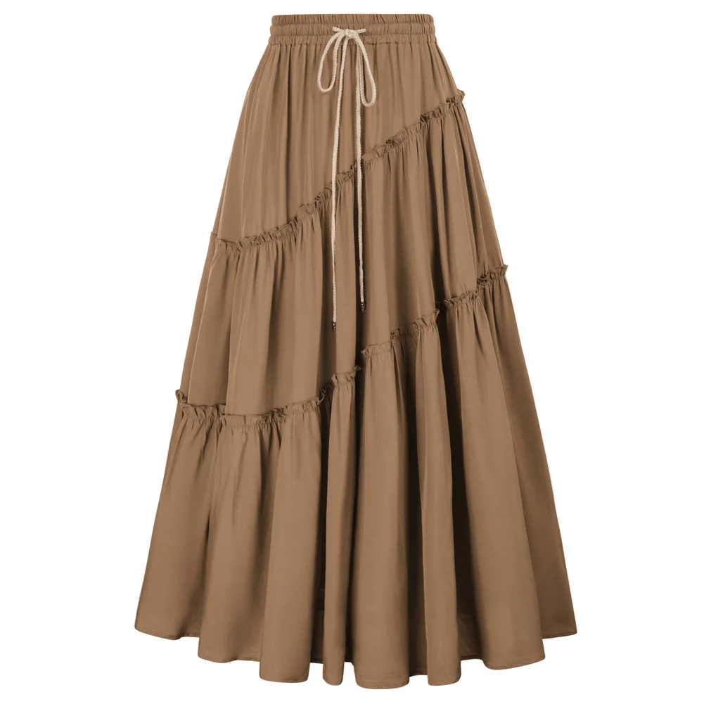 

SD Women Renaissance Layered Long Skirt Elastic High Waist Tiered Swing Skirt With Pockets Drawstring Waist Maxi Skirt A30