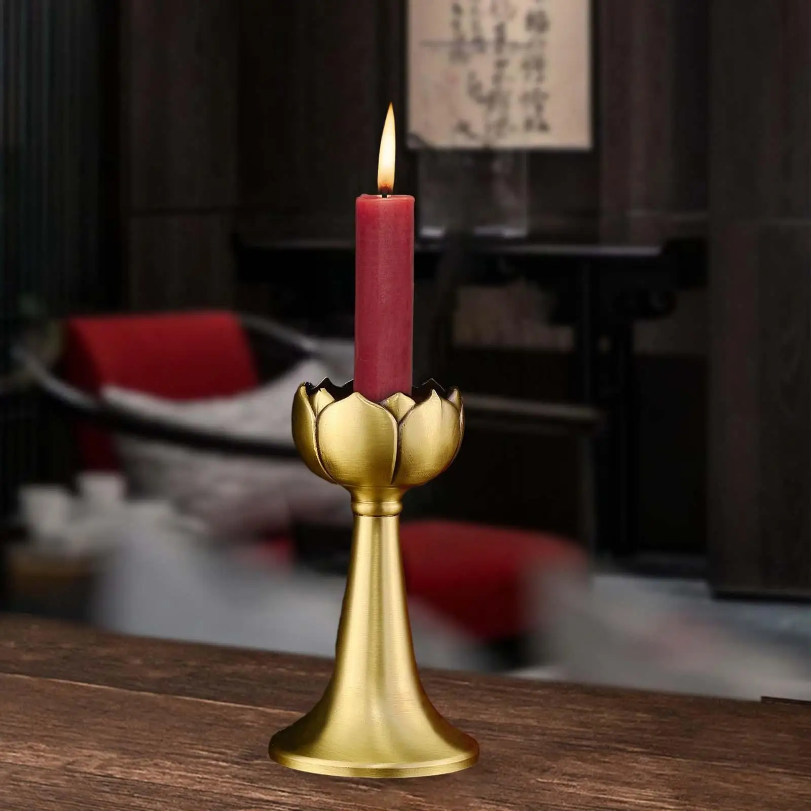 Copper Lotus Flower Pillar Candle Holder Desk Ornament 5x2.8inch for Table Centerpiece Retro Style Exquisite Craftsmanship