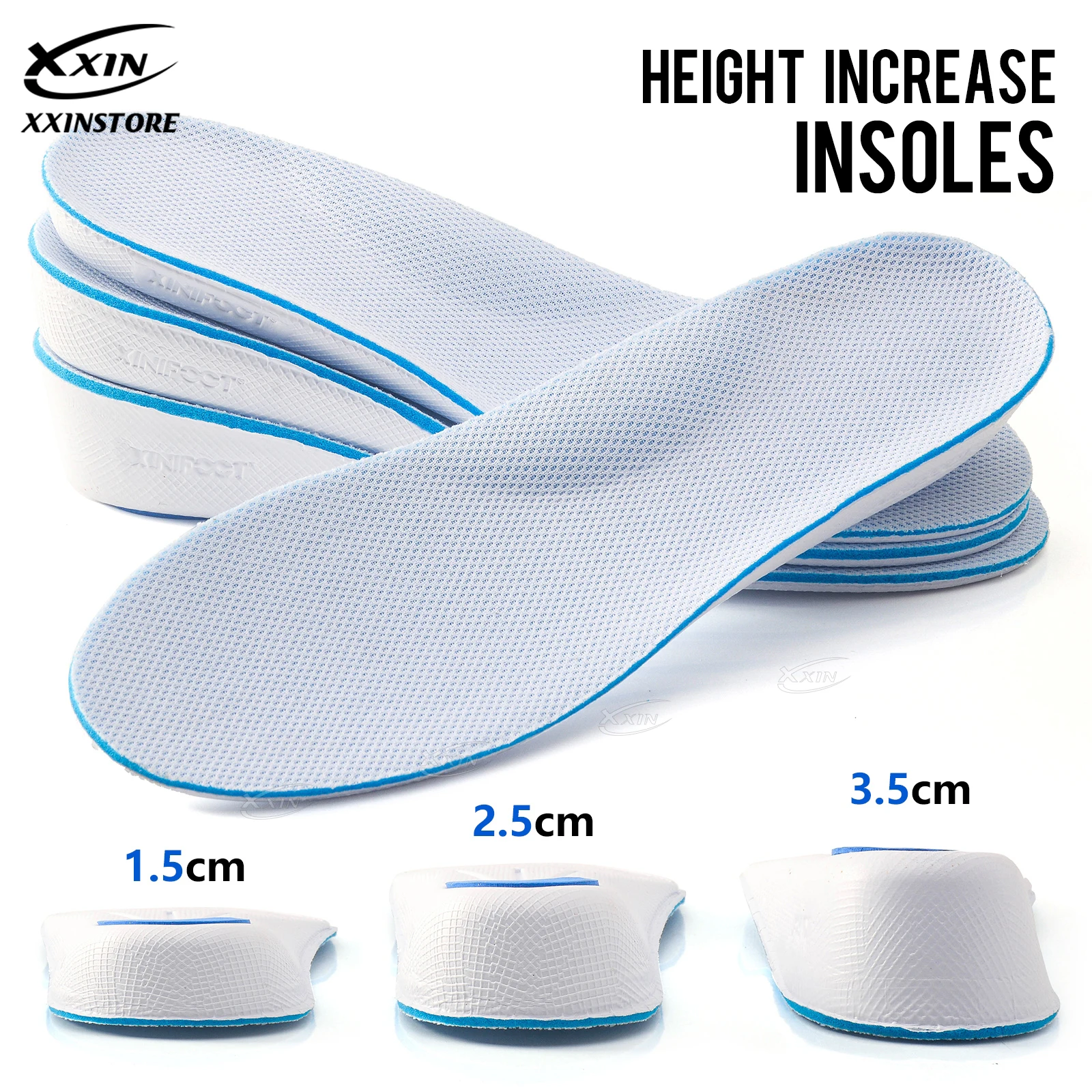 【Xxin】1.5/2.5/3.5cm Height Increase Insoles for Men and Women Memory Foam Arch Support Cushion Shoes Pads Size 35-46