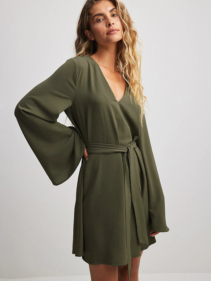 Marthaqiqi Green Female Pajamas Long Sleeve Sleepwear Sexy V-Neck Nightgowns Lace Up Nightwear Mini Dress Casual Women Nightie