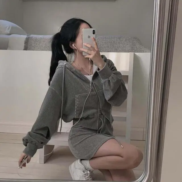 Korean CHic Corduroy Two-piece Skirt Sets Women Hoodie Crop Top Coats Bodycon Mini Skirt Autumn Winter New Outfits Casual Suit